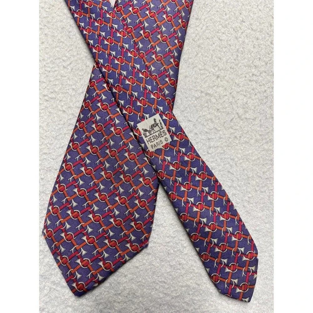 VTG Hermes Paris Mens Silk Necktie Purple Orange Equestrian Bit Pattern 7039 TA